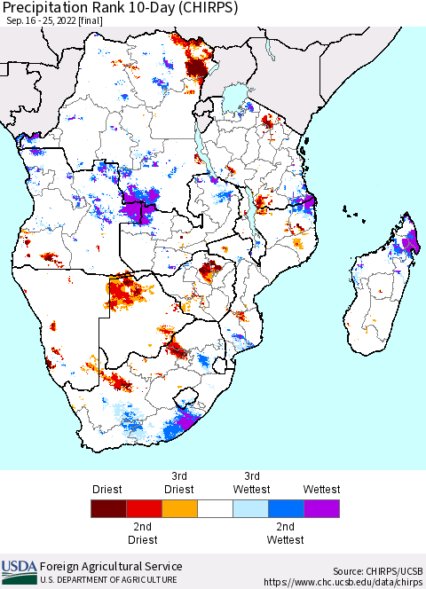 Southern Africa Precipitation Rank since 1981, 10-Day (CHIRPS) Thematic Map For 9/16/2022 - 9/25/2022