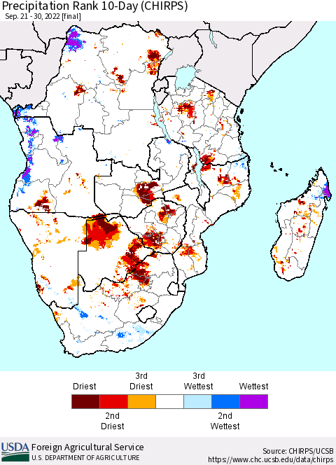 Southern Africa Precipitation Rank since 1981, 10-Day (CHIRPS) Thematic Map For 9/21/2022 - 9/30/2022