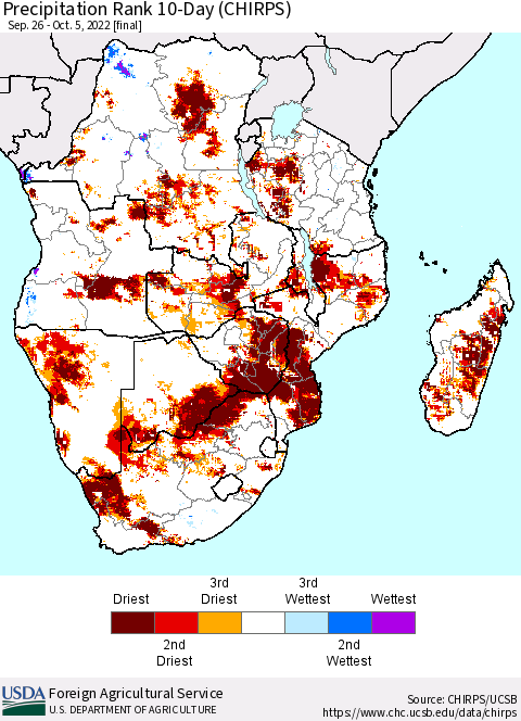 Southern Africa Precipitation Rank since 1981, 10-Day (CHIRPS) Thematic Map For 9/26/2022 - 10/5/2022