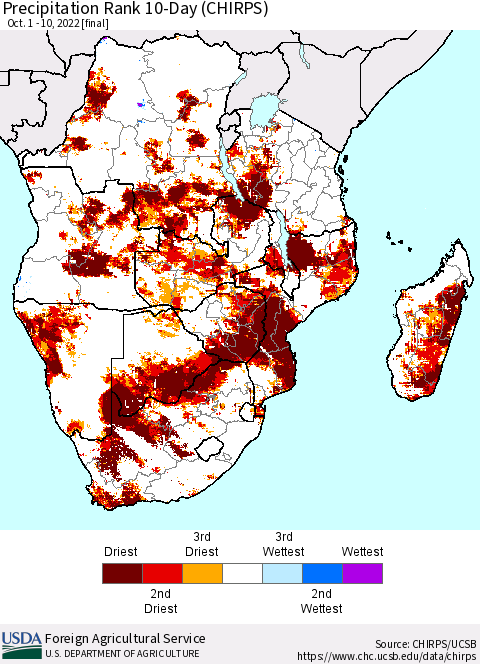 Southern Africa Precipitation Rank since 1981, 10-Day (CHIRPS) Thematic Map For 10/1/2022 - 10/10/2022