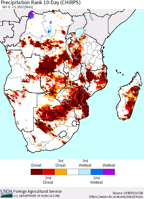 Southern Africa Precipitation Rank since 1981, 10-Day (CHIRPS) Thematic Map For 10/6/2022 - 10/15/2022