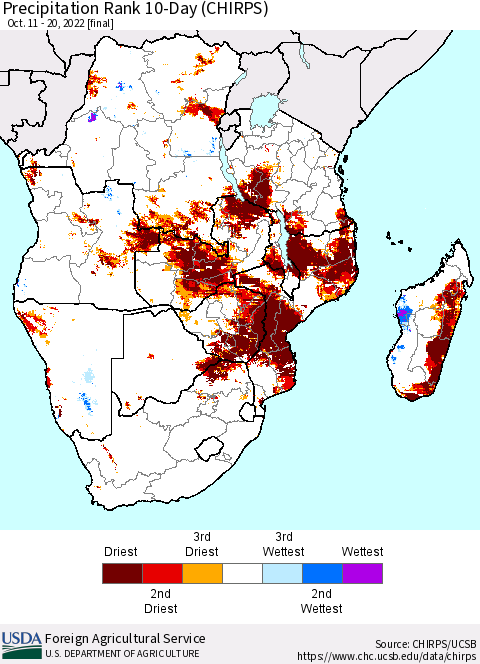 Southern Africa Precipitation Rank since 1981, 10-Day (CHIRPS) Thematic Map For 10/11/2022 - 10/20/2022