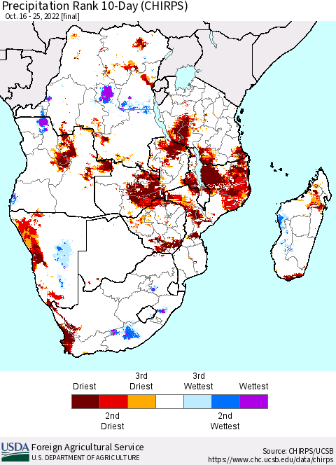 Southern Africa Precipitation Rank since 1981, 10-Day (CHIRPS) Thematic Map For 10/16/2022 - 10/25/2022