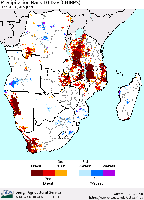 Southern Africa Precipitation Rank since 1981, 10-Day (CHIRPS) Thematic Map For 10/21/2022 - 10/31/2022