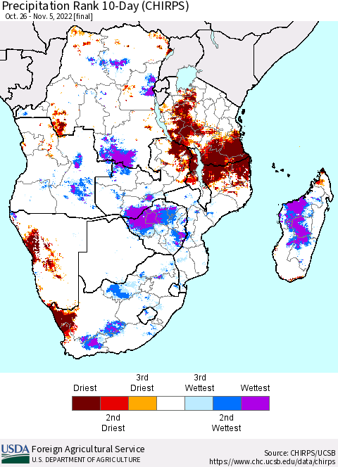 Southern Africa Precipitation Rank since 1981, 10-Day (CHIRPS) Thematic Map For 10/26/2022 - 11/5/2022