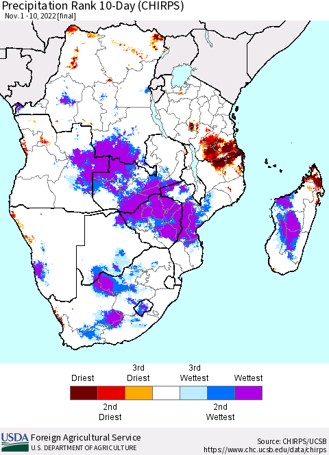 Southern Africa Precipitation Rank since 1981, 10-Day (CHIRPS) Thematic Map For 11/1/2022 - 11/10/2022