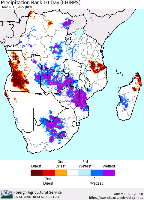 Southern Africa Precipitation Rank since 1981, 10-Day (CHIRPS) Thematic Map For 11/6/2022 - 11/15/2022