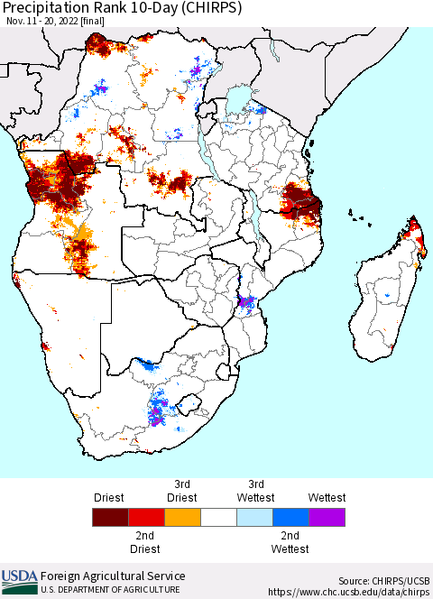 Southern Africa Precipitation Rank since 1981, 10-Day (CHIRPS) Thematic Map For 11/11/2022 - 11/20/2022