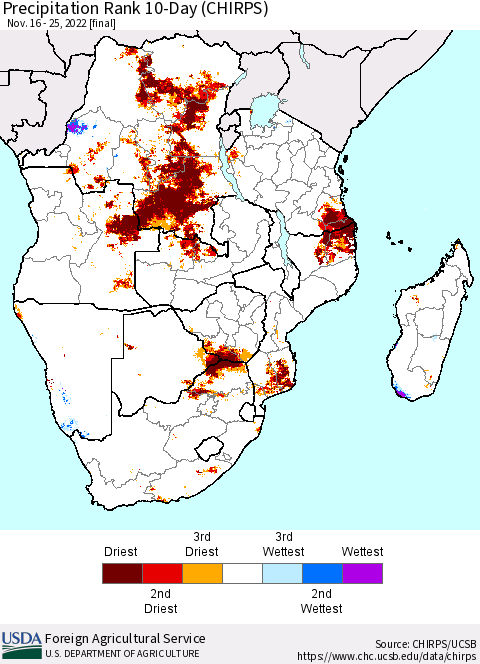 Southern Africa Precipitation Rank since 1981, 10-Day (CHIRPS) Thematic Map For 11/16/2022 - 11/25/2022