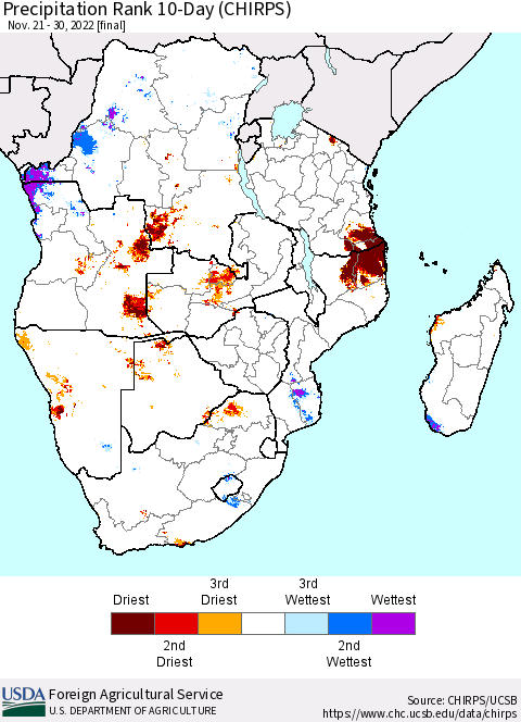 Southern Africa Precipitation Rank since 1981, 10-Day (CHIRPS) Thematic Map For 11/21/2022 - 11/30/2022