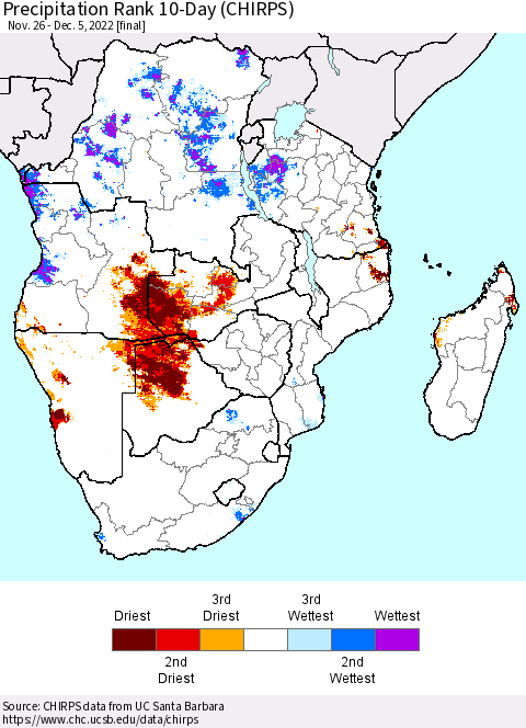 Southern Africa Precipitation Rank since 1981, 10-Day (CHIRPS) Thematic Map For 11/26/2022 - 12/5/2022