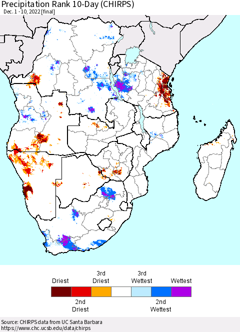 Southern Africa Precipitation Rank since 1981, 10-Day (CHIRPS) Thematic Map For 12/1/2022 - 12/10/2022
