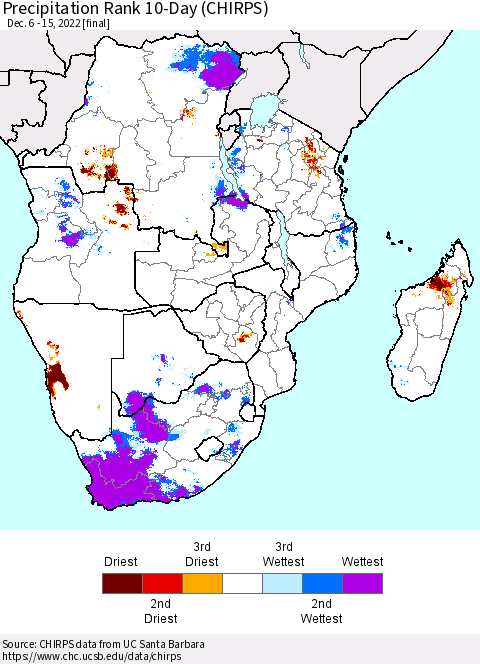 Southern Africa Precipitation Rank since 1981, 10-Day (CHIRPS) Thematic Map For 12/6/2022 - 12/15/2022