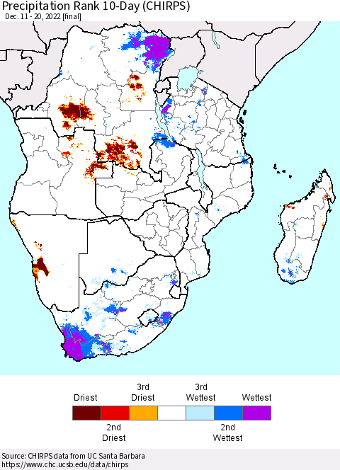 Southern Africa Precipitation Rank since 1981, 10-Day (CHIRPS) Thematic Map For 12/11/2022 - 12/20/2022