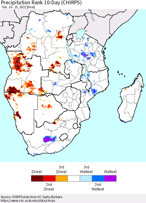 Southern Africa Precipitation Rank since 1981, 10-Day (CHIRPS) Thematic Map For 12/16/2022 - 12/25/2022