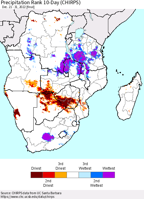 Southern Africa Precipitation Rank since 1981, 10-Day (CHIRPS) Thematic Map For 12/21/2022 - 12/31/2022