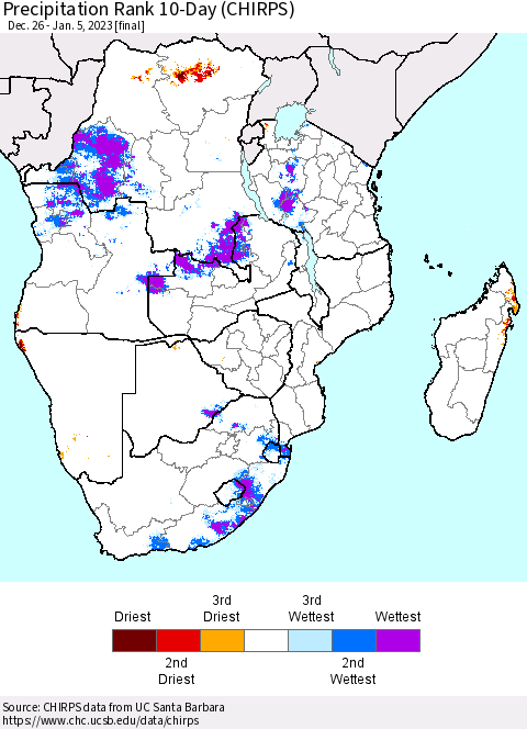 Southern Africa Precipitation Rank since 1981, 10-Day (CHIRPS) Thematic Map For 12/26/2022 - 1/5/2023