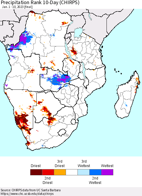 Southern Africa Precipitation Rank since 1981, 10-Day (CHIRPS) Thematic Map For 1/1/2023 - 1/10/2023