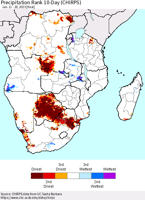 Southern Africa Precipitation Rank since 1981, 10-Day (CHIRPS) Thematic Map For 1/11/2023 - 1/20/2023
