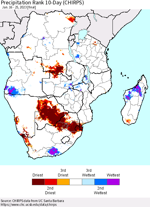 Southern Africa Precipitation Rank since 1981, 10-Day (CHIRPS) Thematic Map For 1/16/2023 - 1/25/2023