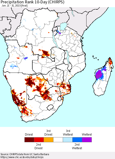 Southern Africa Precipitation Rank since 1981, 10-Day (CHIRPS) Thematic Map For 1/21/2023 - 1/31/2023