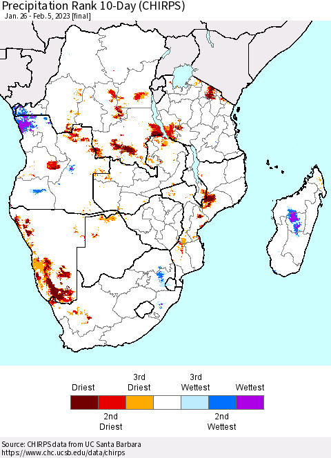 Southern Africa Precipitation Rank since 1981, 10-Day (CHIRPS) Thematic Map For 1/26/2023 - 2/5/2023