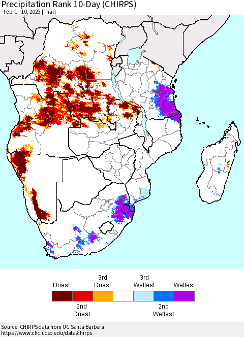 Southern Africa Precipitation Rank since 1981, 10-Day (CHIRPS) Thematic Map For 2/1/2023 - 2/10/2023