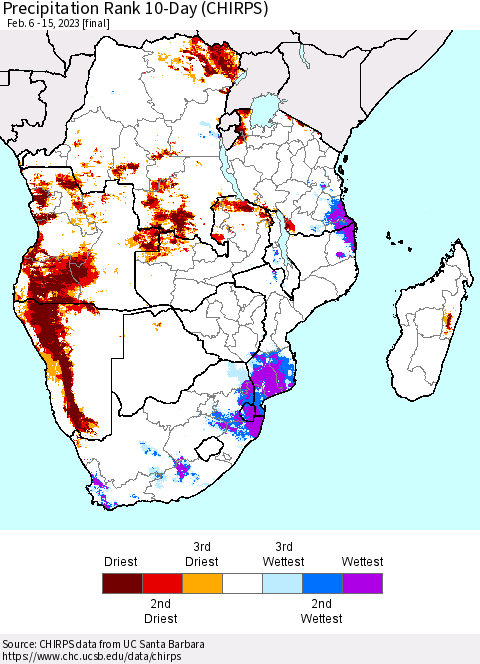 Southern Africa Precipitation Rank since 1981, 10-Day (CHIRPS) Thematic Map For 2/6/2023 - 2/15/2023
