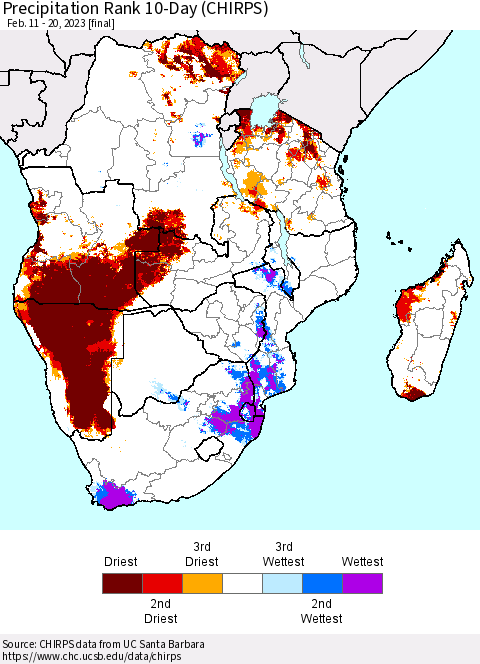 Southern Africa Precipitation Rank since 1981, 10-Day (CHIRPS) Thematic Map For 2/11/2023 - 2/20/2023