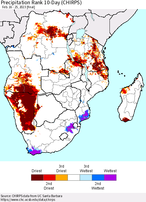 Southern Africa Precipitation Rank since 1981, 10-Day (CHIRPS) Thematic Map For 2/16/2023 - 2/25/2023