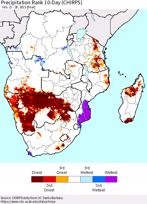 Southern Africa Precipitation Rank since 1981, 10-Day (CHIRPS) Thematic Map For 2/21/2023 - 2/28/2023