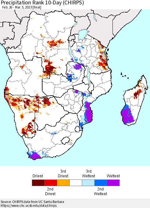 Southern Africa Precipitation Rank since 1981, 10-Day (CHIRPS) Thematic Map For 2/26/2023 - 3/5/2023