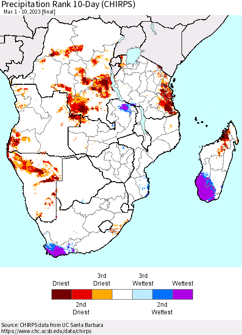 Southern Africa Precipitation Rank since 1981, 10-Day (CHIRPS) Thematic Map For 3/1/2023 - 3/10/2023