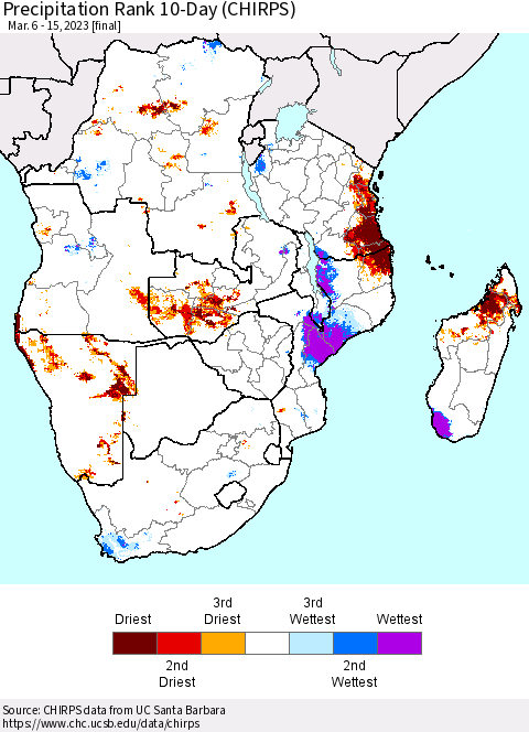 Southern Africa Precipitation Rank since 1981, 10-Day (CHIRPS) Thematic Map For 3/6/2023 - 3/15/2023