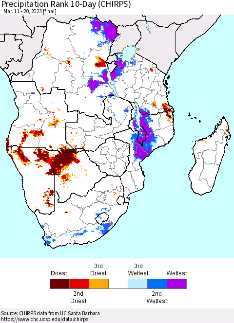 Southern Africa Precipitation Rank since 1981, 10-Day (CHIRPS) Thematic Map For 3/11/2023 - 3/20/2023