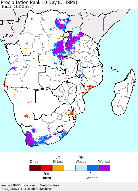 Southern Africa Precipitation Rank since 1981, 10-Day (CHIRPS) Thematic Map For 3/16/2023 - 3/25/2023