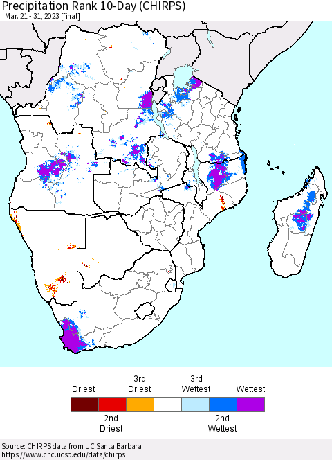 Southern Africa Precipitation Rank since 1981, 10-Day (CHIRPS) Thematic Map For 3/21/2023 - 3/31/2023