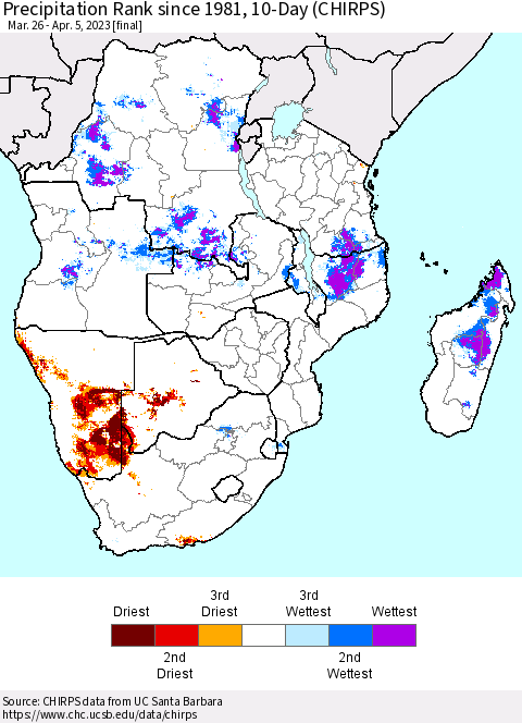 Southern Africa Precipitation Rank since 1981, 10-Day (CHIRPS) Thematic Map For 3/26/2023 - 4/5/2023