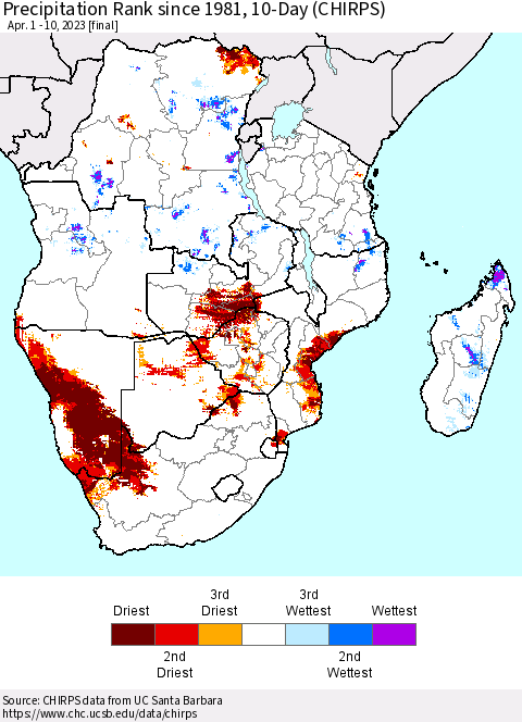 Southern Africa Precipitation Rank since 1981, 10-Day (CHIRPS) Thematic Map For 4/1/2023 - 4/10/2023