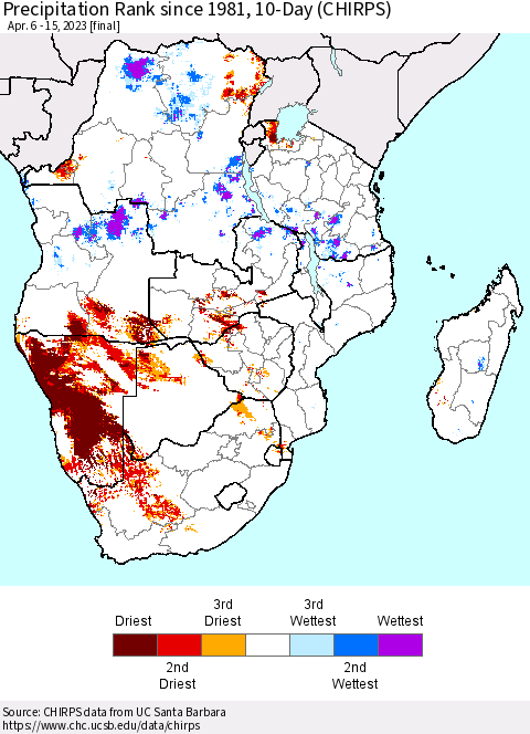 Southern Africa Precipitation Rank since 1981, 10-Day (CHIRPS) Thematic Map For 4/6/2023 - 4/15/2023