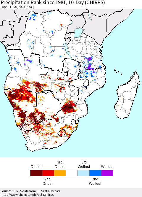 Southern Africa Precipitation Rank since 1981, 10-Day (CHIRPS) Thematic Map For 4/11/2023 - 4/20/2023