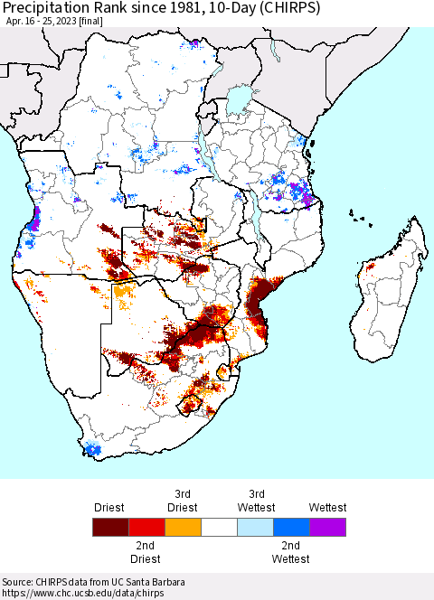 Southern Africa Precipitation Rank since 1981, 10-Day (CHIRPS) Thematic Map For 4/16/2023 - 4/25/2023