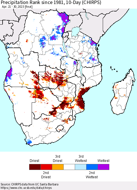 Southern Africa Precipitation Rank since 1981, 10-Day (CHIRPS) Thematic Map For 4/21/2023 - 4/30/2023