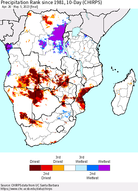 Southern Africa Precipitation Rank since 1981, 10-Day (CHIRPS) Thematic Map For 4/26/2023 - 5/5/2023