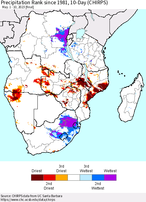 Southern Africa Precipitation Rank since 1981, 10-Day (CHIRPS) Thematic Map For 5/1/2023 - 5/10/2023
