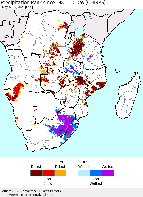 Southern Africa Precipitation Rank since 1981, 10-Day (CHIRPS) Thematic Map For 5/6/2023 - 5/15/2023