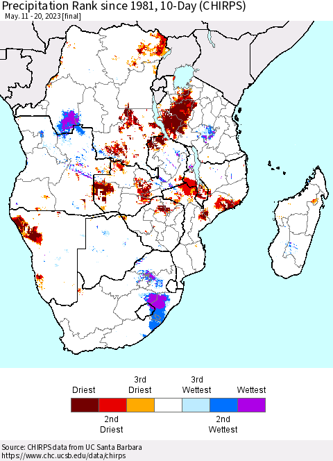 Southern Africa Precipitation Rank since 1981, 10-Day (CHIRPS) Thematic Map For 5/11/2023 - 5/20/2023