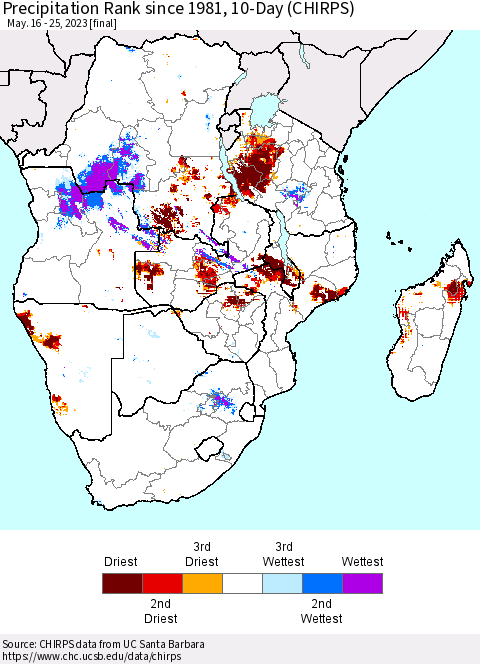 Southern Africa Precipitation Rank since 1981, 10-Day (CHIRPS) Thematic Map For 5/16/2023 - 5/25/2023