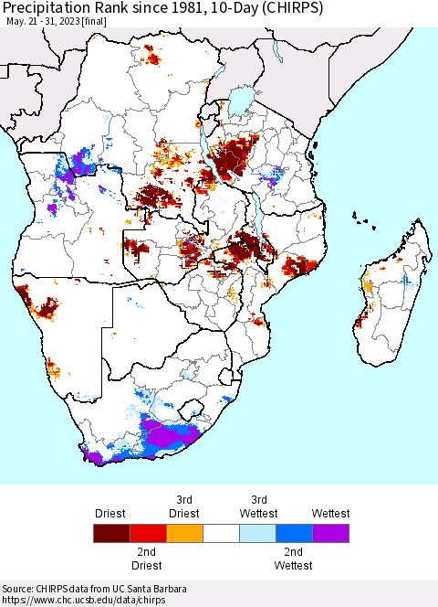 Southern Africa Precipitation Rank since 1981, 10-Day (CHIRPS) Thematic Map For 5/21/2023 - 5/31/2023