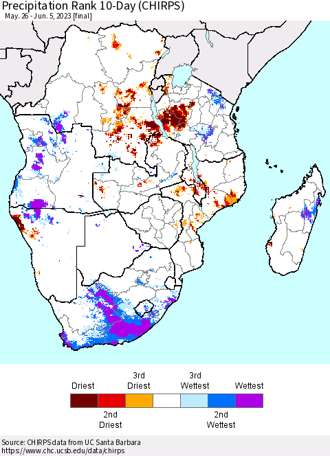 Southern Africa Precipitation Rank since 1981, 10-Day (CHIRPS) Thematic Map For 5/26/2023 - 6/5/2023
